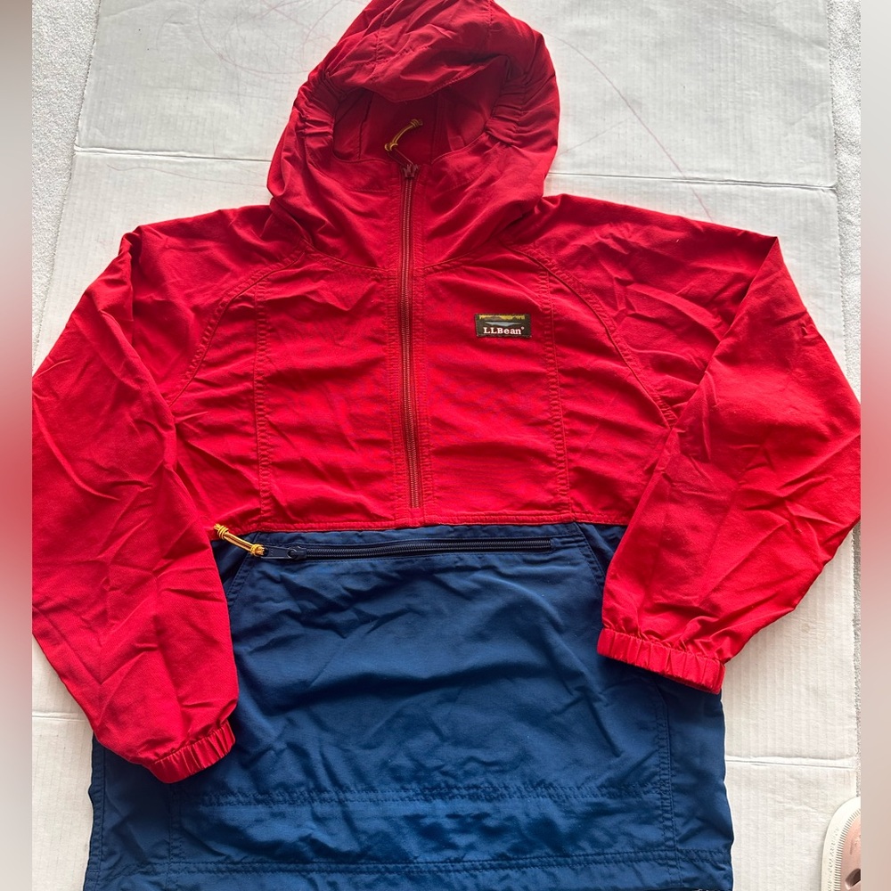 L.L.Bean Kids Windbreaker Jacket Red Navy Colorblock Hooded Anorak M 10-12